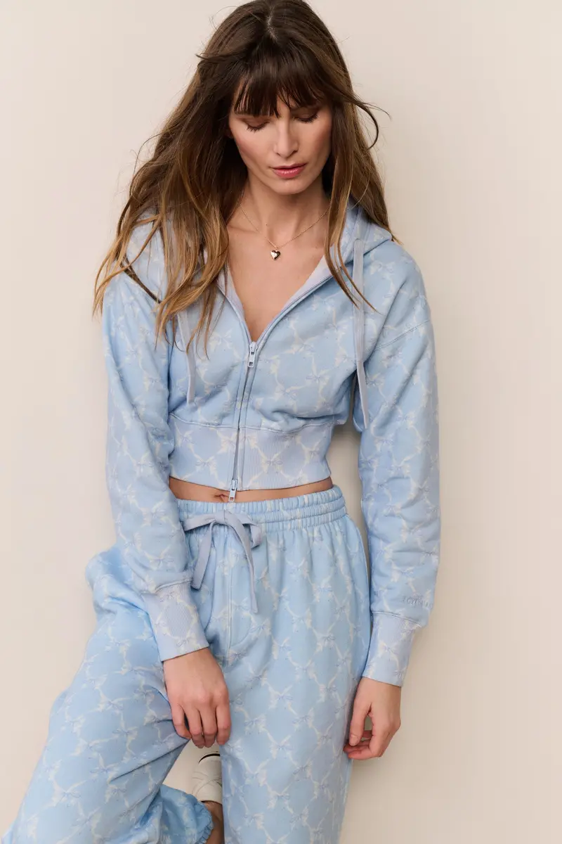 Arienne Cropped Hoodie With Bow Print – Chilled Blue 1