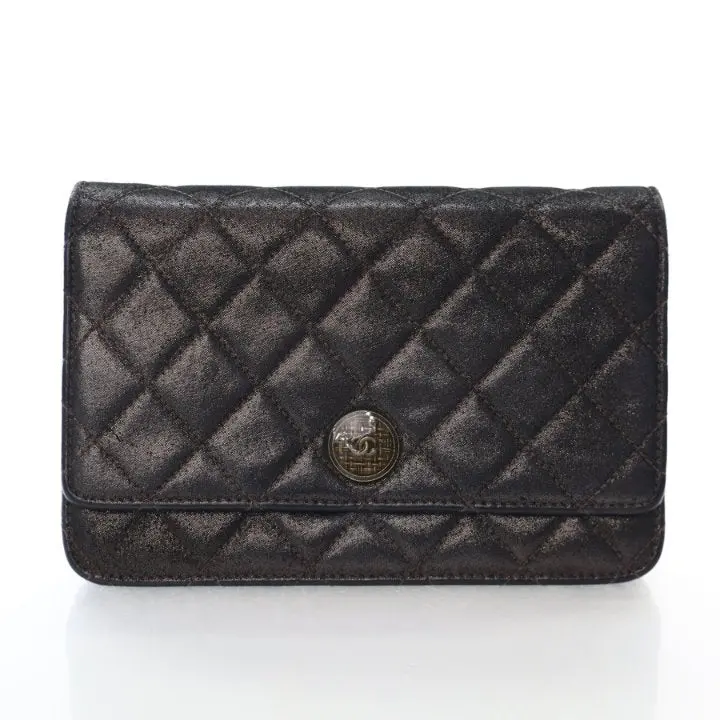 Chanel Metallic Quilted Tartan Button Wallet On Chain (Woc) 1