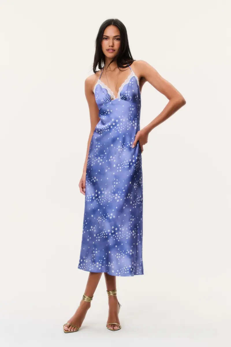 Evania Star-Patterned Silk Midi Slip Dress 1