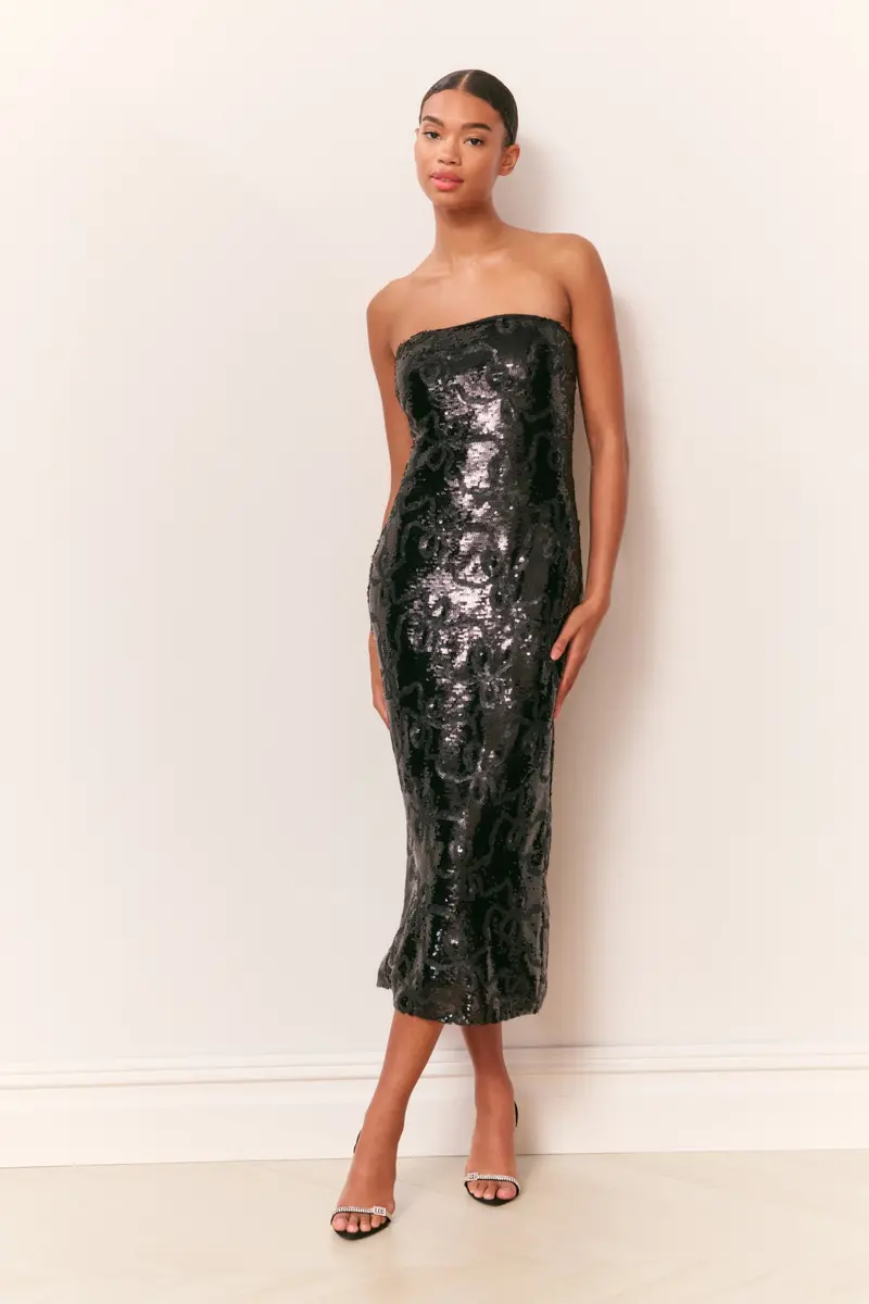 Stasia Shimmering Sequin Midi Dress With Twisted Bow Accent 1