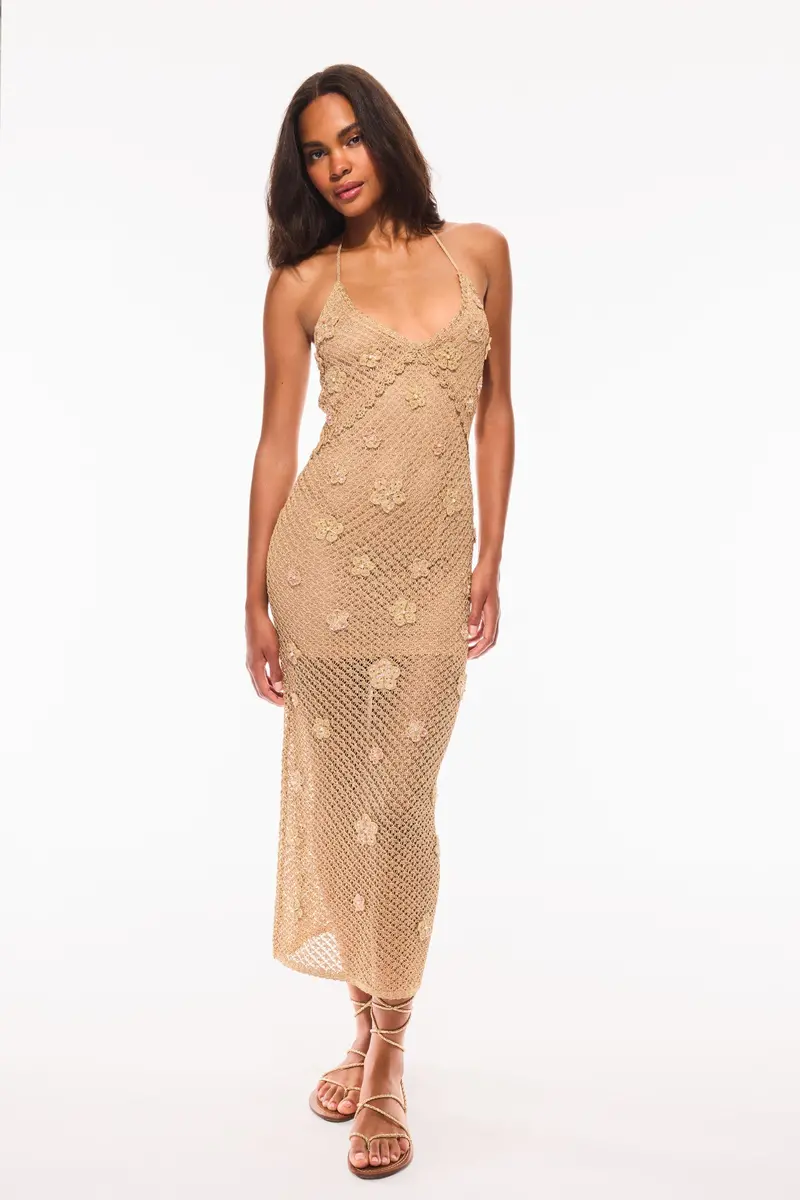 Vreya Metallic Crochet Halter Maxi Dress 1
